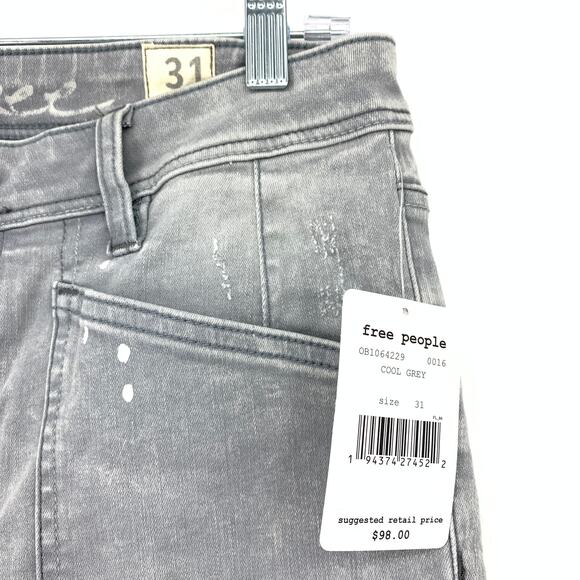 Free People We The Free Midrise Skinny Jeans Sz 31 Cool Gray Paint Splatter NEW - Picture 3 of 6